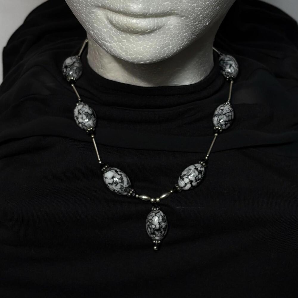 Snowflake Obsidian Beaded Y Necklace Black Gray Natural Stone Statement